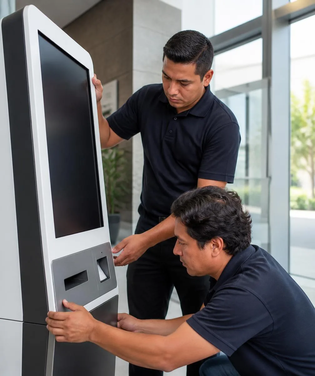 Técnicos de K&T instalando un kiosco de autoservicio en un lobby corporativo