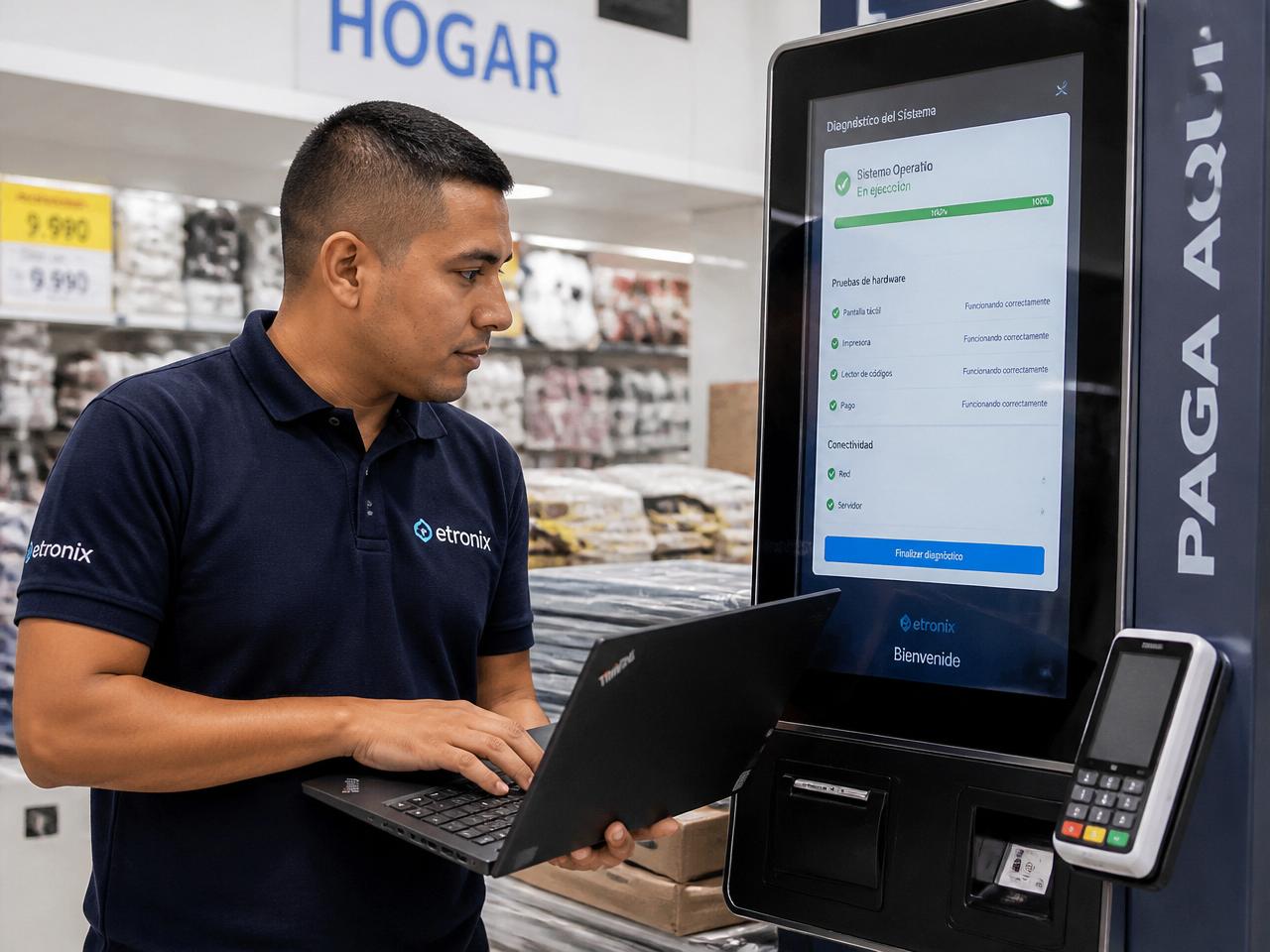 Equipo KYT instalando un kiosco de autoservicio