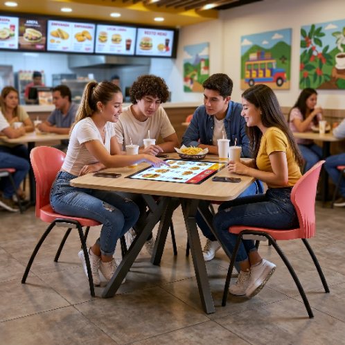 Grupo de jóvenes usando la mesa interactiva Hestia en un restaurante