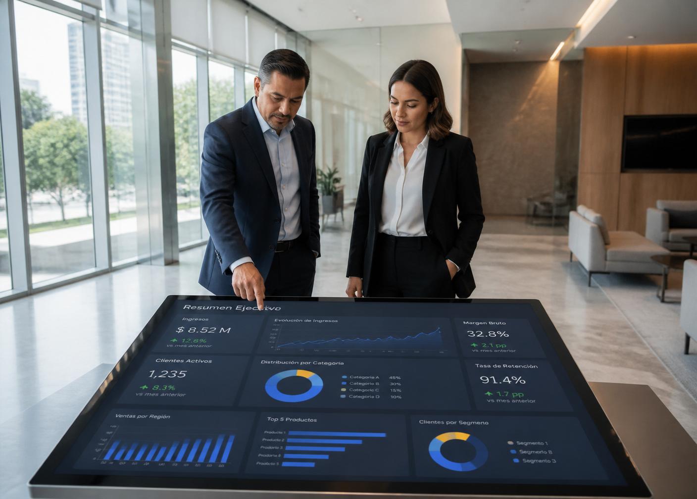 Mesa interactiva en oficina corporativa con dashboard