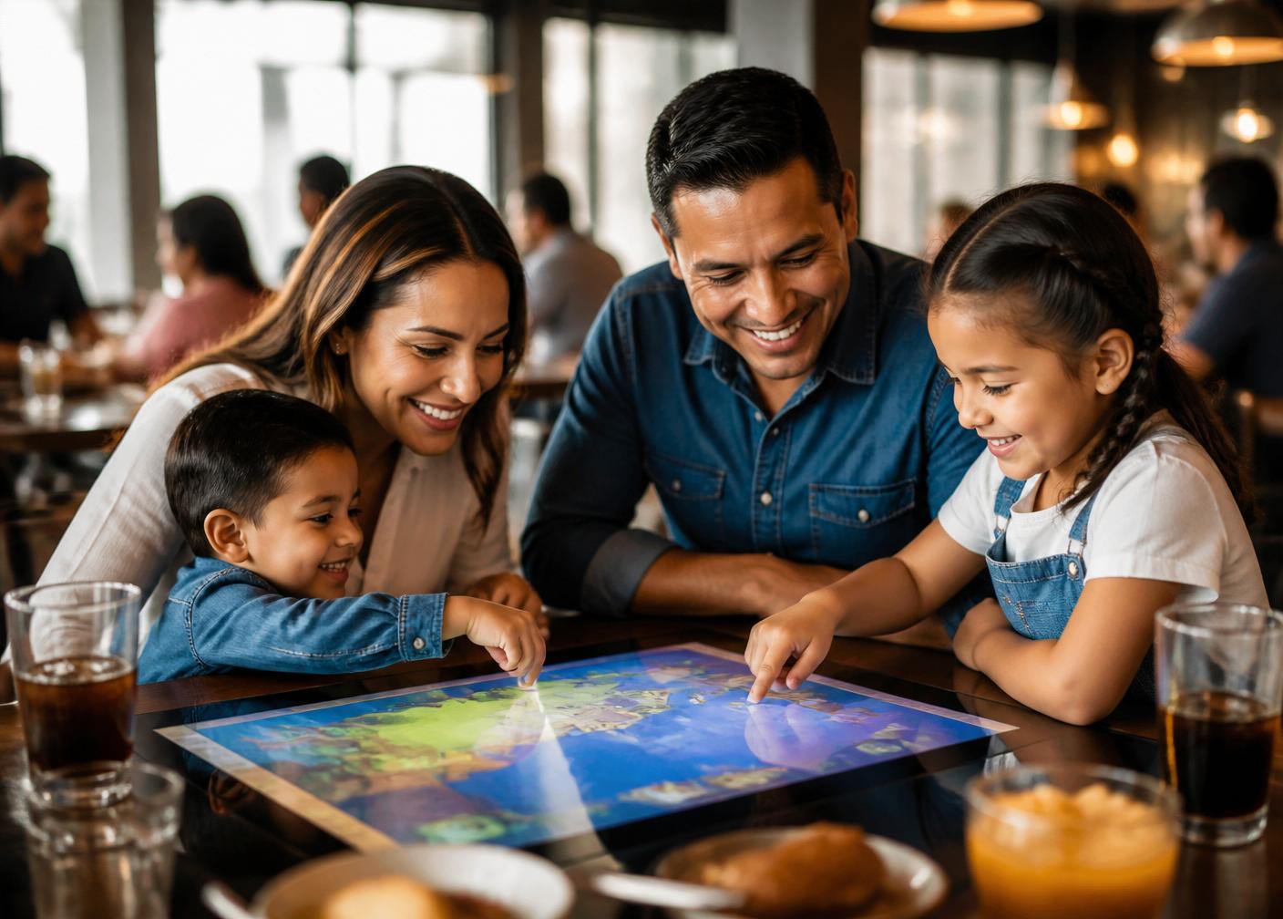 Familia latina interactuando con mesa SERVEO en restaurante
